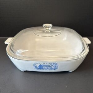 Corning Ware Amana Microwave Browning Skillet w/Lid Blue Colonial House VINTAGE